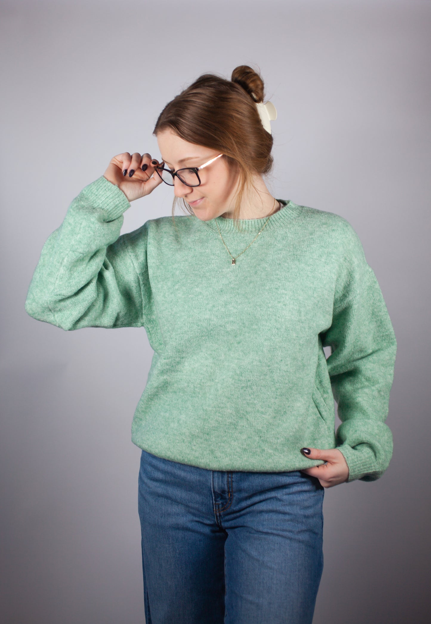 Pleated Sleeve Mint Sweater